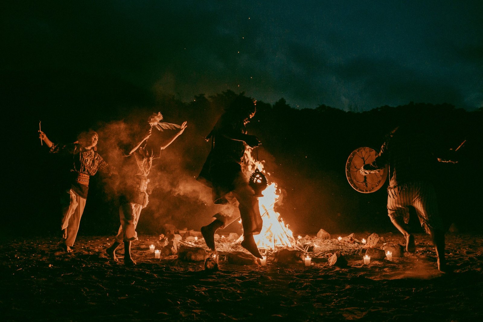Ancient Celts celebrating around a bonfire