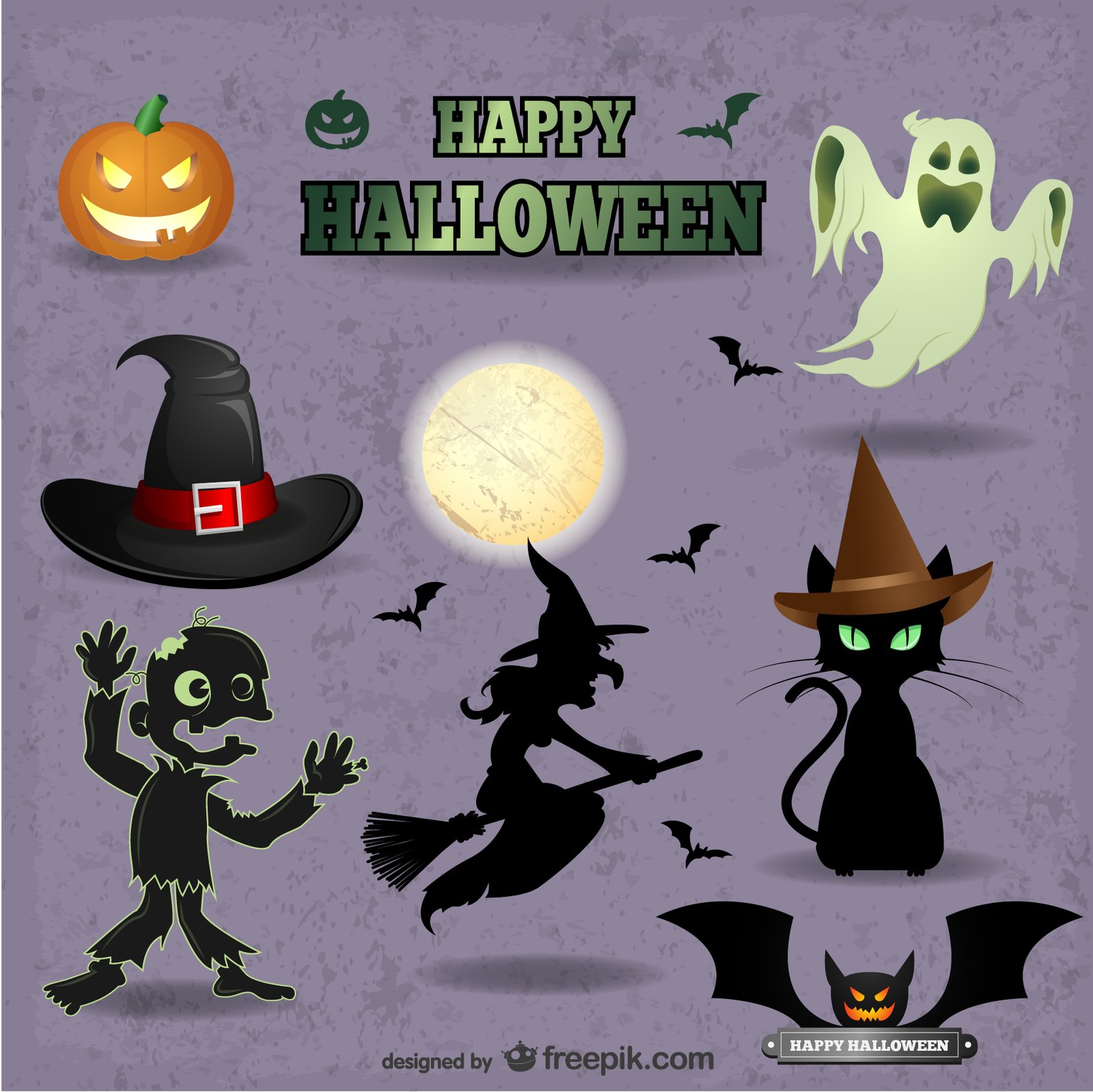 Collage of Halloween symbols – pumpkin, bat, ghost, black cat