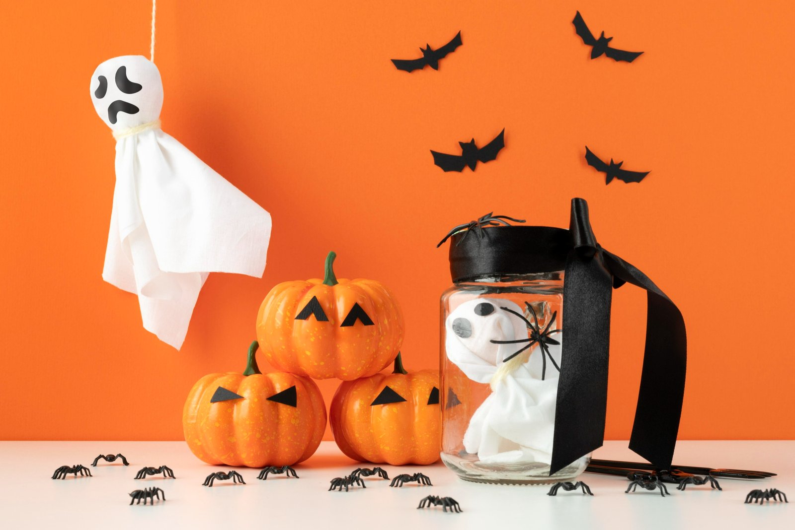 DIY Halloween decorations made from jars pumpkins and paper bats