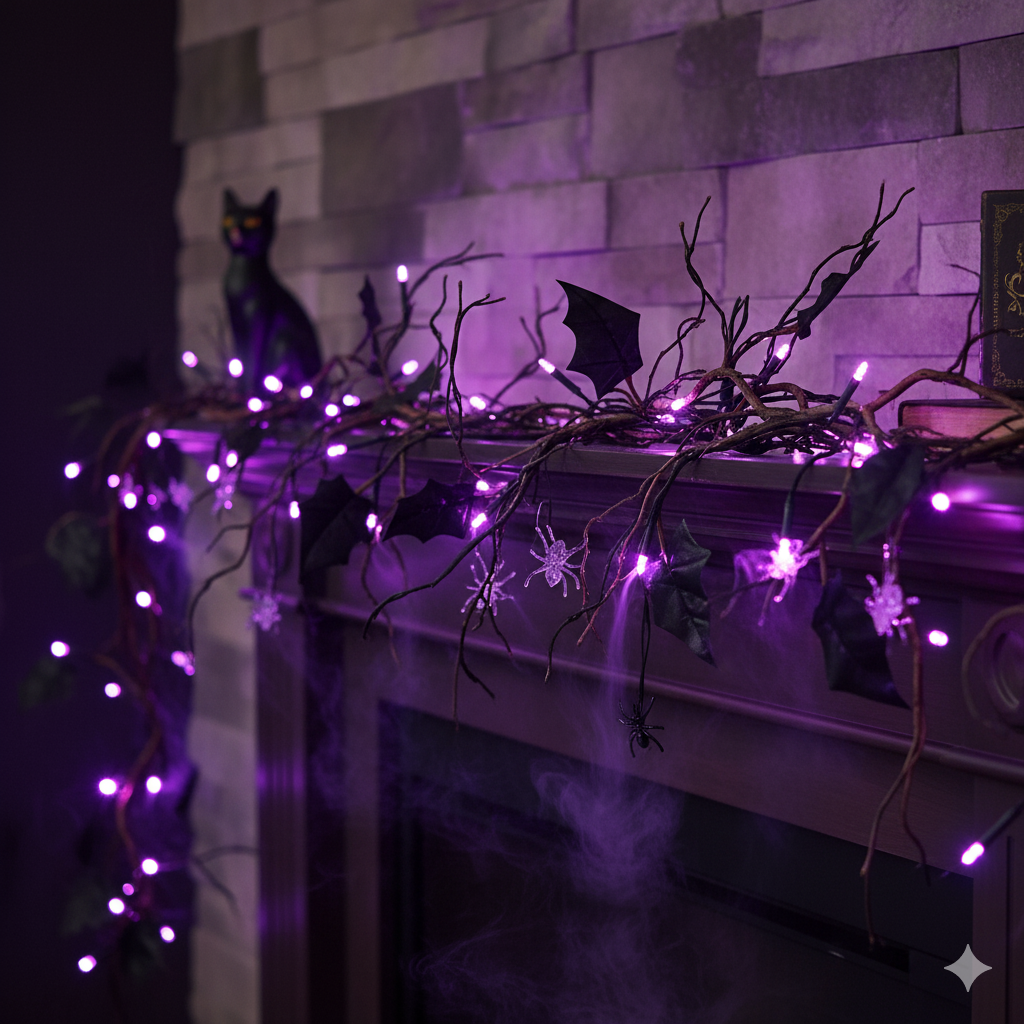 Purple lights on vine garland decoration