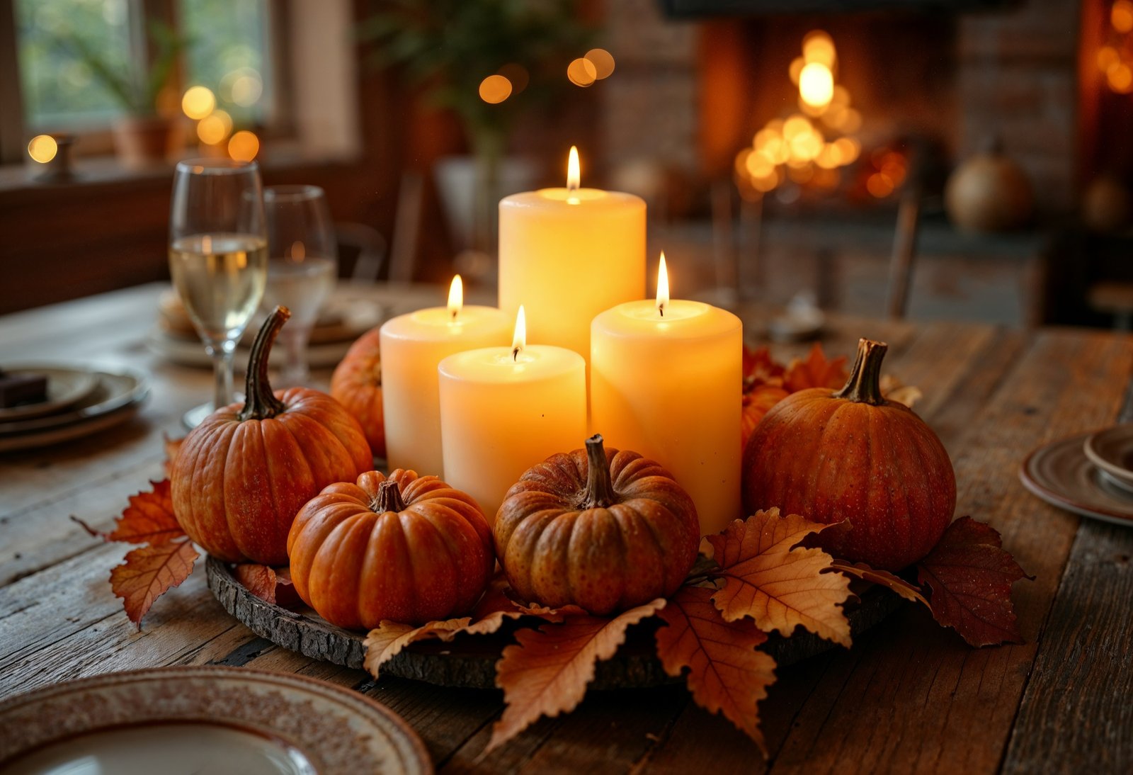 Halloween dinner table with candles and pumpkin centerpiece