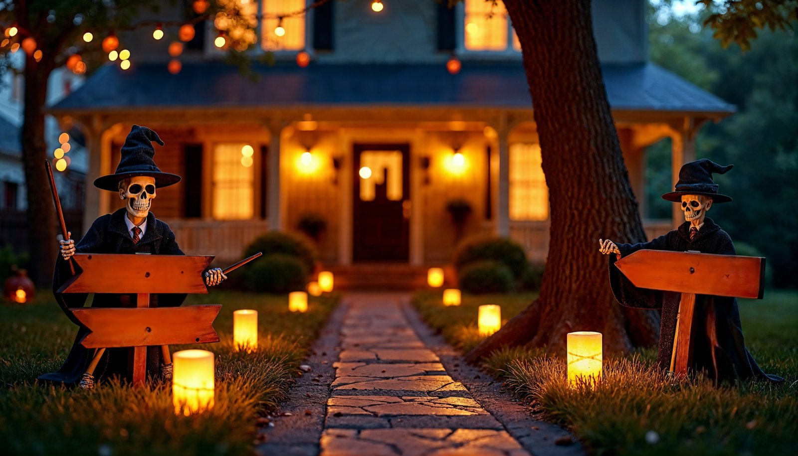 Halloween lighting setup with string lights and lanterns