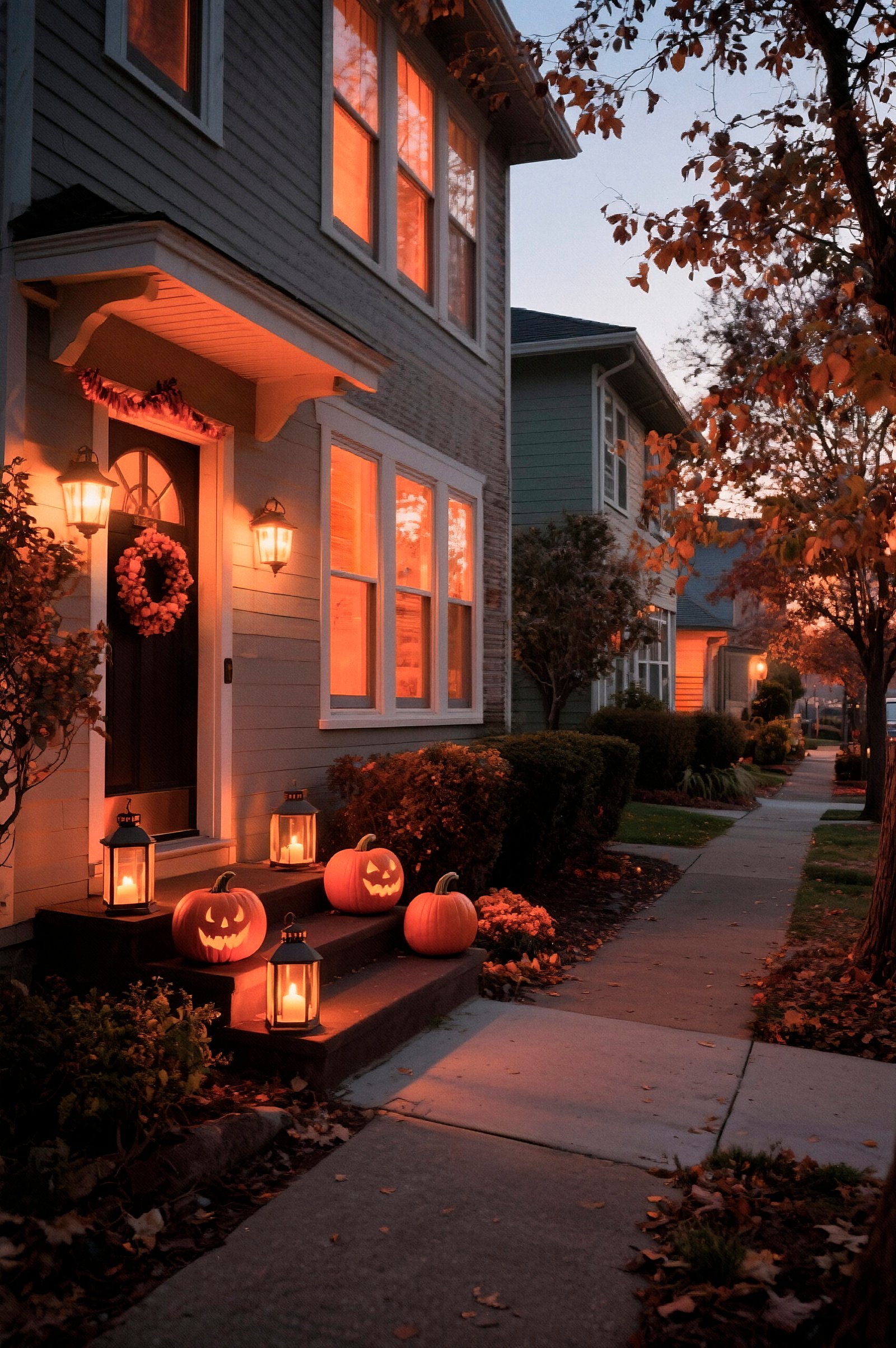 Outdoor Halloween porch with pumpkins and wreath scaled