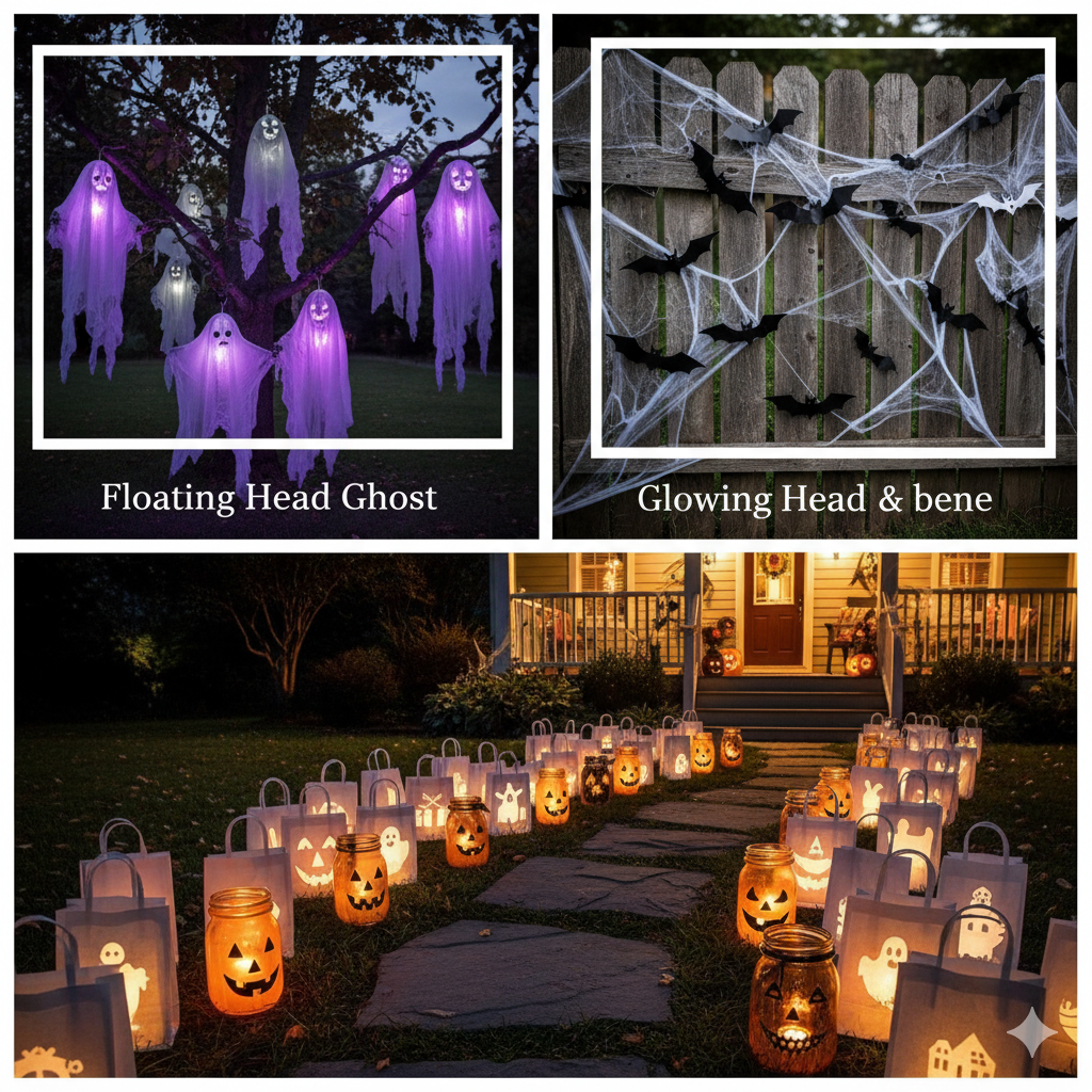 a collage of 3–4 DIY outdoor Halloween projects