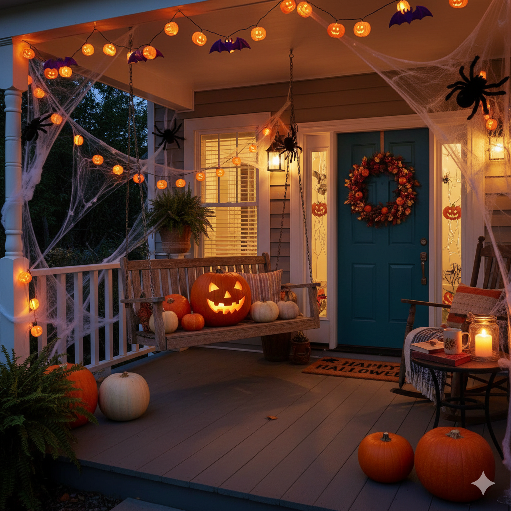 a cozy porch decorated with pumpkins lights and spider webs