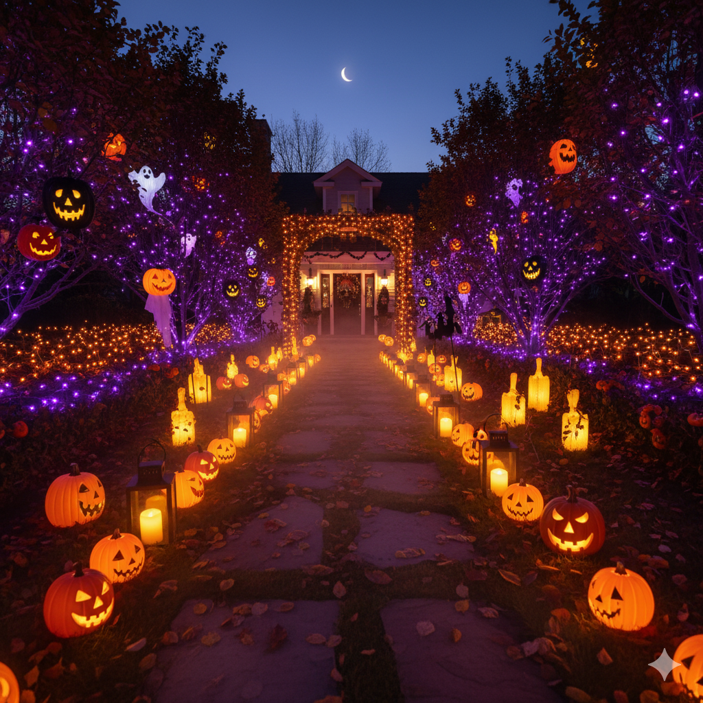 a glowing walkway lined with Halloween lights