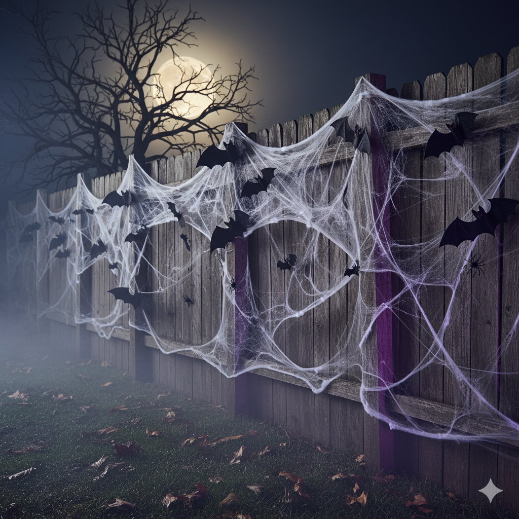 a photo of a fence covered with cobwebs and bats
