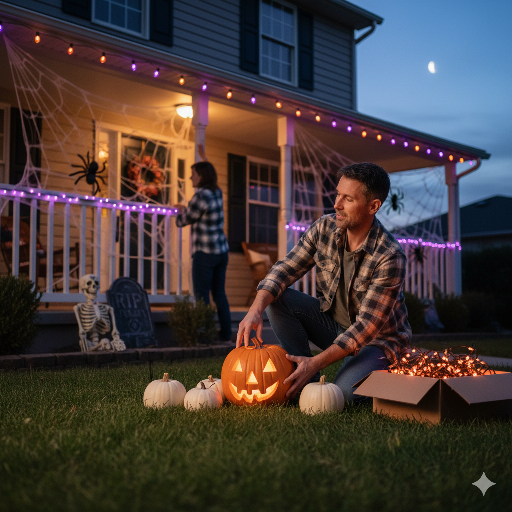 a practical photo of someone setting up outdoor decor