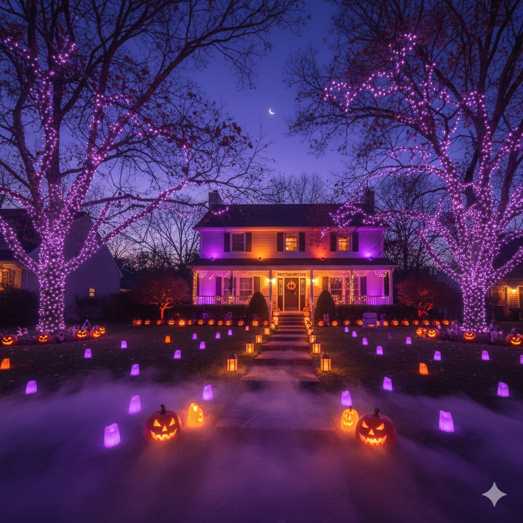 a yard glowing with orange and purple lighting