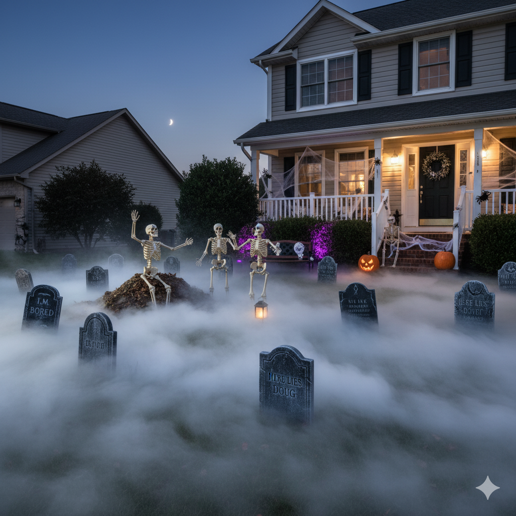 front yard decorated like a graveyard — tombstones skeletons and fog