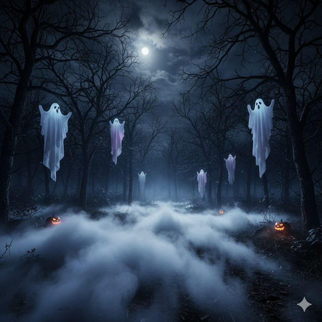 glowing fog or hanging ghosts at night