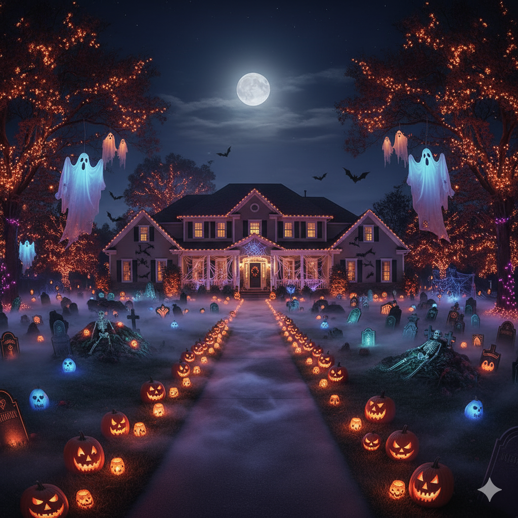 one final wide photo of a full outdoor Halloween setup at night